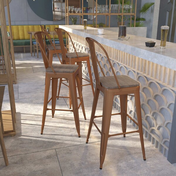 Flash Furniture Copper Metal Barstool with Back and Wood Seat, 30" High, PK4 - 4-ET-3534-30-POC-WD-GG