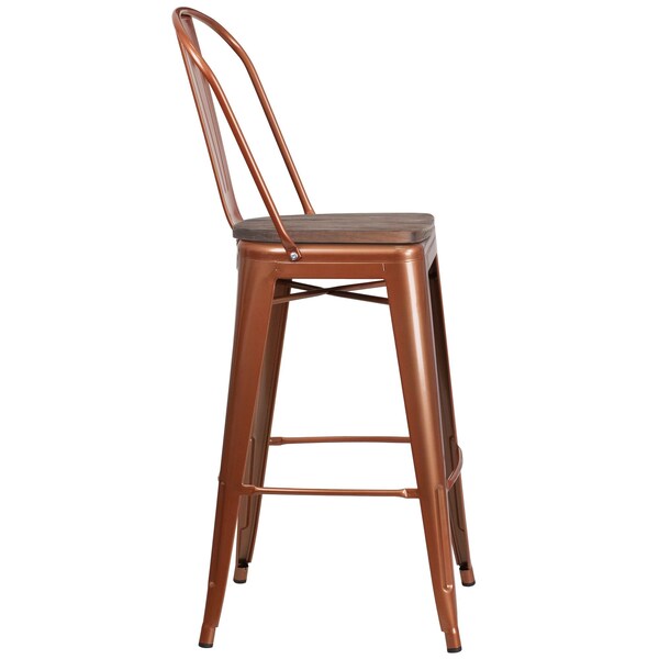 Flash Furniture Copper Metal Barstool with Back and Wood Seat, 30" High, PK4 - 4-ET-3534-30-POC-WD-GG