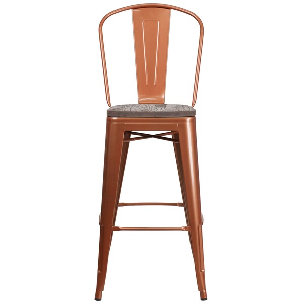 Flash Furniture Copper Metal Barstool with Back and Wood Seat, 30" High, PK4 - 4-ET-3534-30-POC-WD-GG