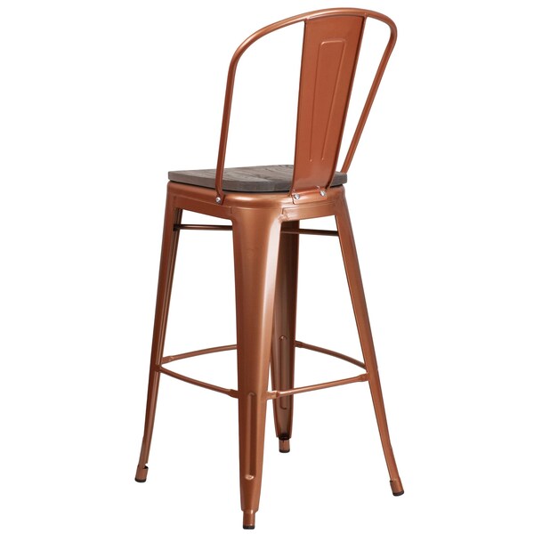 Flash Furniture Copper Metal Barstool with Back and Wood Seat, 30" High, PK4 - 4-ET-3534-30-POC-WD-GG