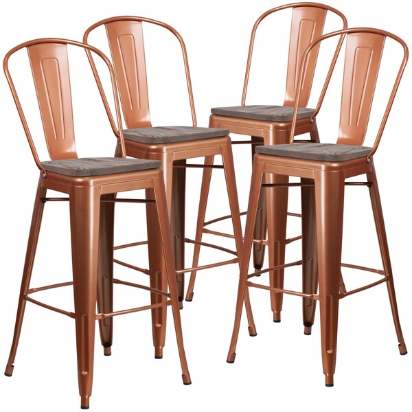 Flash Furniture Copper Metal Barstool with Back and Wood Seat, 30" High, PK4 - 4-ET-3534-30-POC-WD-GG