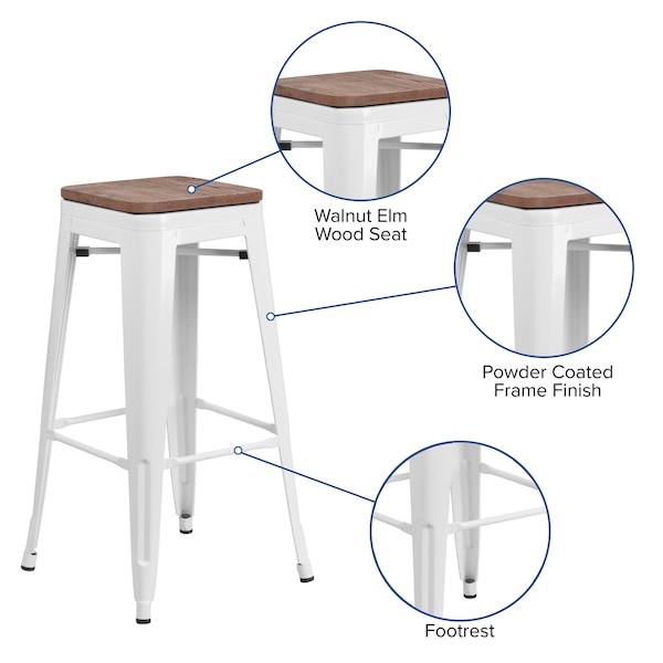 Flash Furniture Backless White Metal Barstool with Square Wood Seat, 30" High, PK4 - 4-CH-31320-30-WH-WD-GG