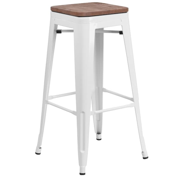 Flash Furniture Backless White Metal Barstool with Square Wood Seat, 30" High, PK4 - 4-CH-31320-30-WH-WD-GG