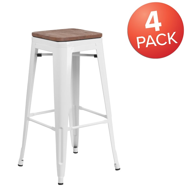 Flash Furniture Backless White Metal Barstool with Square Wood Seat, 30" High, PK4 - 4-CH-31320-30-WH-WD-GG