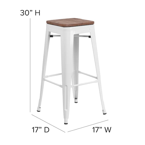 Flash Furniture Backless White Metal Barstool with Square Wood Seat, 30" High, PK4 - 4-CH-31320-30-WH-WD-GG