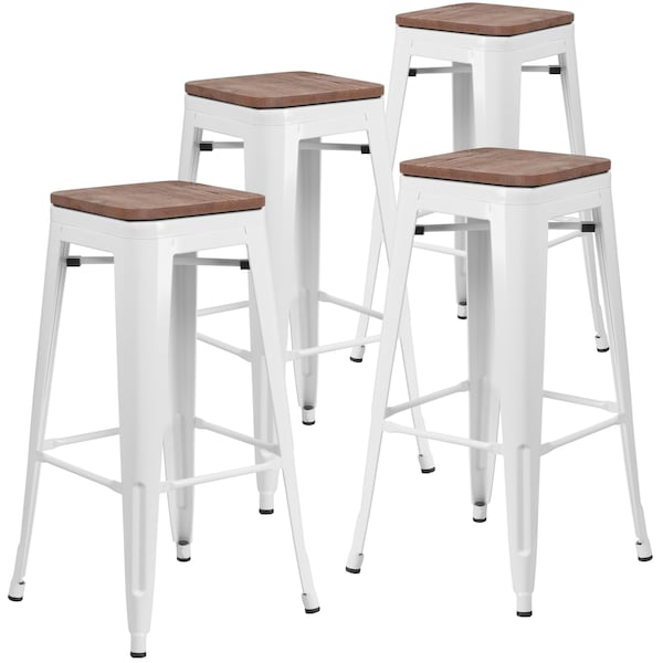 Flash Furniture Backless White Metal Barstool with Square Wood Seat, 30" High, PK4 - 4-CH-31320-30-WH-WD-GG