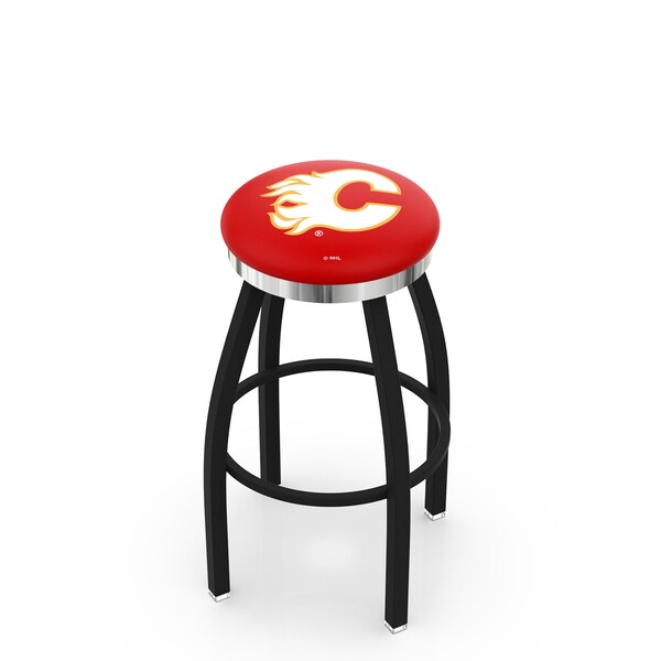 Holland Bar Stool Co 25" Blk Wrinkle Calgary Flames Swivel Bar Stool, Chrome Ring - L8B2C25CALFLA