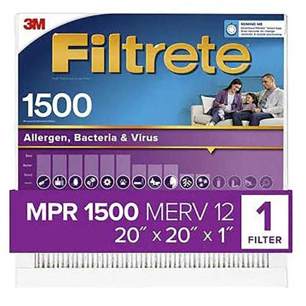 Filtrete Air Filter, 20 in L, 20 in W, 12 MERV, 1500 MPR, For: Air Conditioner, Furnace and HVAC System - 2002-4