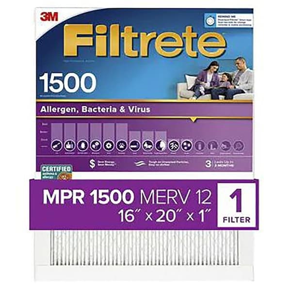 Filtrete 2000DC6 Electrostatic Air Filter, 20 in L, 16 in W, 12 MERV, Fiber Filter Media - 2000-4