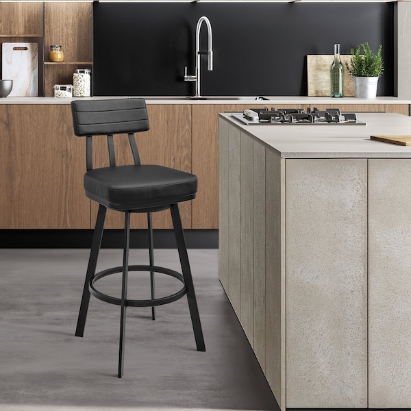 Armen Living Jinab Swivel Bar Stool in Black Metal with Black Faux Leather - 840254335219