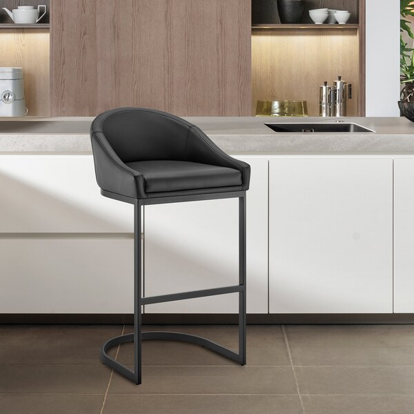 Armen Living Atherik Bar Stool in Black Metal with Black Faux Leather - 840254335837