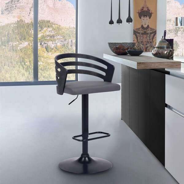 Armen Living Adele Adjustable Height Swivel Gray Faux Leather and Black Wood Bar Stool with Black Base - LCADBAGRBL