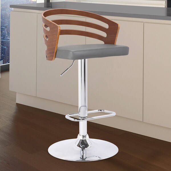 Armen Living Adele Adjustable Height Swivel Gray Faux Leather and Walnut Wood Bar Stool with Chrome Base - LCADSWBAGRWA
