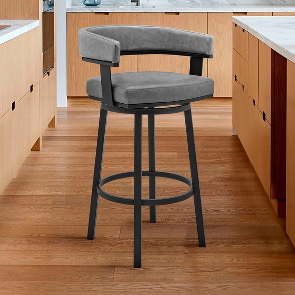 Armen Living Lorin 30" Bar Height Swivel Bar Stool in Black Finish and Gray Faux Leather - LCLRBAMBVG30
