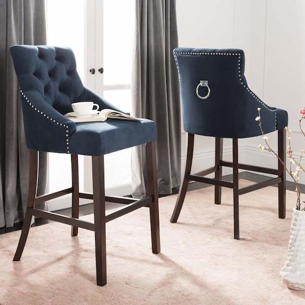 Safavieh Eleni Tufted Wing Back Bar Stool Navy & Espresso, 2PK - BST6304A-SET2