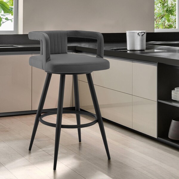 Armen Living Gabriele 26" Gray Faux Leather and Black Metal Swivel Bar Stool - LCGBBABLGR26