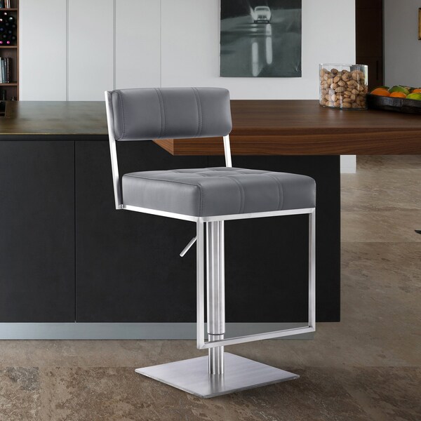 Armen Living Michele Swivel Adjustable Height Gray Faux Leather and Brushed Stainless Steel Bar Stool - LCMISWBABSGR