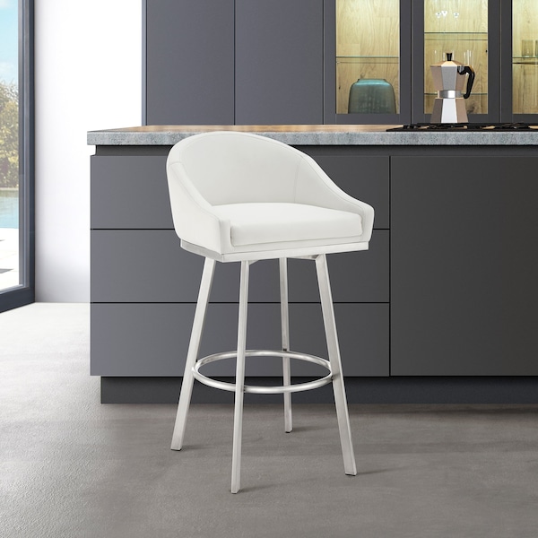 Armen Living Noran Swivel Bar Stool in Brushed Stainless Steel with White Faux Leather - 840254335691