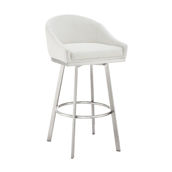 Armen Living Noran Swivel Bar Stool in Brushed Stainless Steel with White Faux Leather - 840254335691