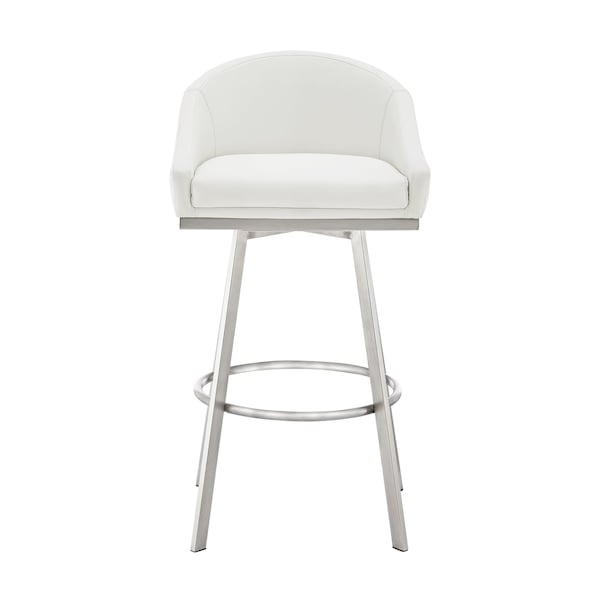 Armen Living Noran Swivel Bar Stool in Brushed Stainless Steel with White Faux Leather - 840254335691