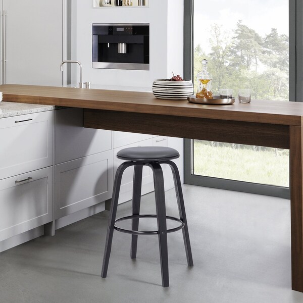 Armen Living Harbor 30" Bar Height Backless Swivel Gray Faux Leather and Black Wood Mid-Century Modern Bar Stool - LCHBBAGRBL30