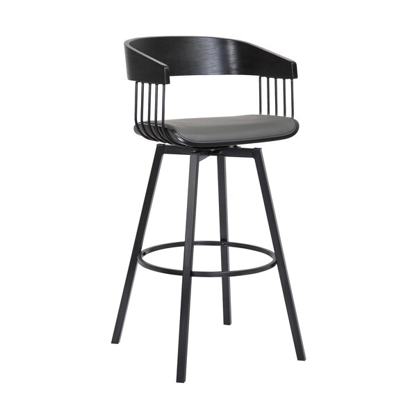 Armen Living Athena 31" Swivel Black Wood Bar Stool in Gray Faux Leather with Black Metal - LCATBABLKGRY30