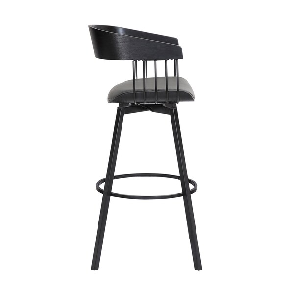Armen Living Athena 31" Swivel Black Wood Bar Stool in Gray Faux Leather with Black Metal - LCATBABLKGRY30