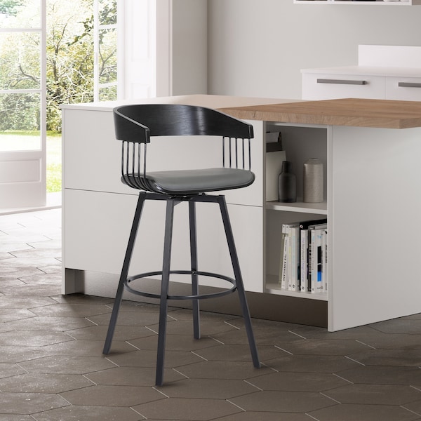Armen Living Athena 31" Swivel Black Wood Bar Stool in Gray Faux Leather with Black Metal - LCATBABLKGRY30