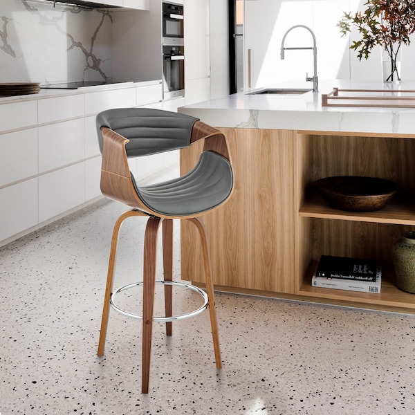 Armen Living Arya 30" Swivel Bar Stool in Gray Faux Leather and Walnut Wood - LCAYBAWAGR30