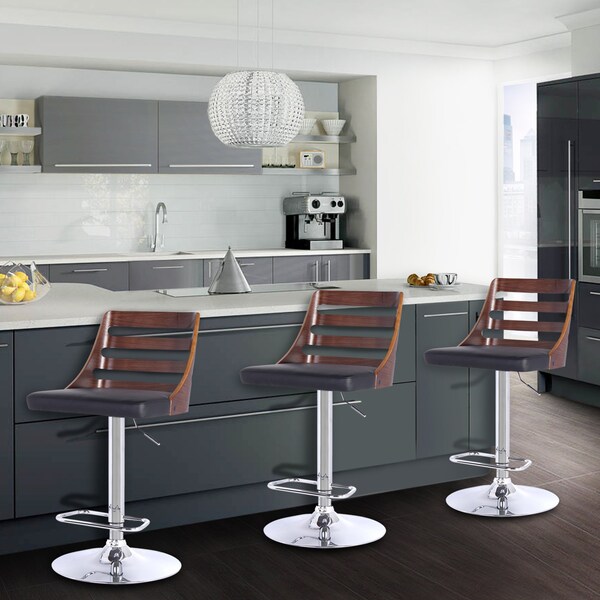Armen Living Storm Barstool in Chrome finish with Walnut wood and Black Faux Leather - LCSTBAWABL