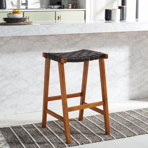 Safavieh 20 x 18.5 x 30 in. Abreu Rectangle Barstool with Black Leather & Natural Wood - BST1012E