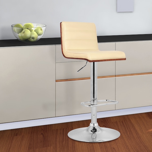 Armen Living Aubrey Adjustable Height Swivel Cream Faux Leather and Chrome Bar Stool with Walnut Wood - LCAUBAWACR