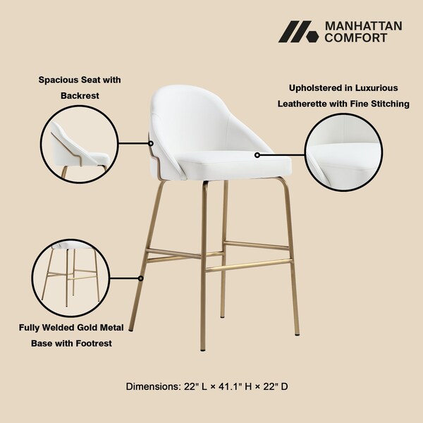 Manhattan Comfort Gracie Barstool in White and Gold - BS022-GWH