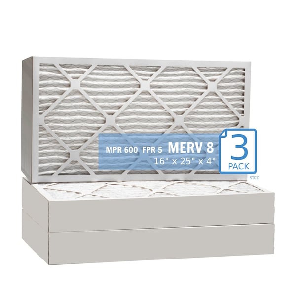 Purolator 16x25x4 Pleated Air Filter, MERV 8, 3 PK - 16X25X4X1 HI (3 PACK)