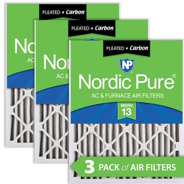 Nordic Pure 25x25x2 Plus Carbon Pleated Air Filter, High Capacity, MERV 13, 3 PK - 25X25X2M13+C-3