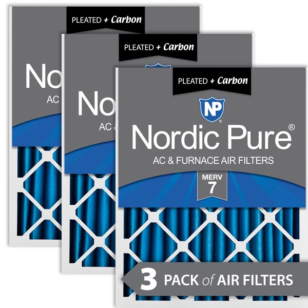 Nordic Pure 12x25x2 Plus Carbon Pleated Air Filter, High Capacity, MERV 7, 3 PK - 12X25X2M7+C-3