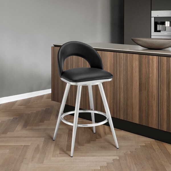 Armen Living Charlotte 30in Swivel Bar Stool in Brushed Stainless Steel with Black Faux Leather - LCCHBABSBLK30