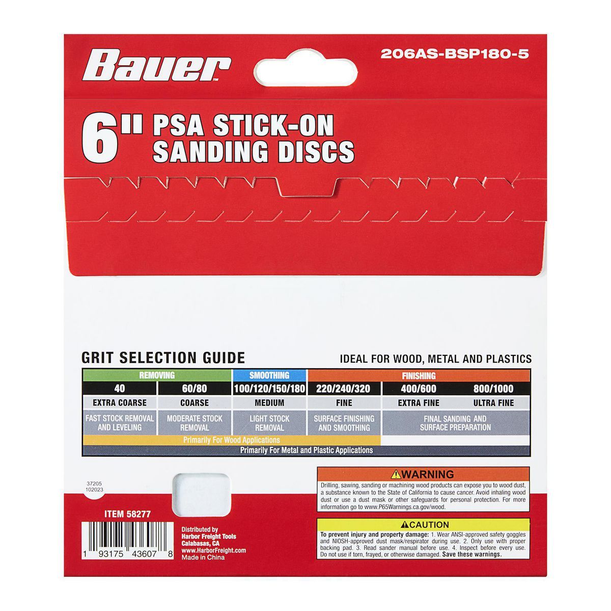 Discos de lija de 6 pulgadas, grano 180, con adhesivo PSA y grano de alúmina de circonio, paquete de 5 - 58277 de Bauer