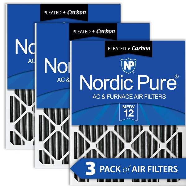 Nordic Pure 18x18x2 Plus Carbon Pleated Air Filter, High Capacity, MERV 12, 3 PK - 18X18X2PM12C-3