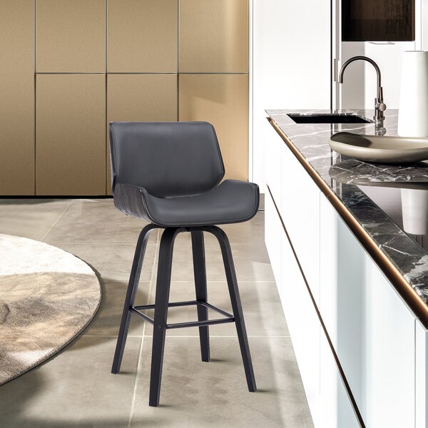 Armen Living Tyler 30" Bar Height Swivel Gray Faux Leather and Black Wood Bar Stool - LCTYBAGRBL30