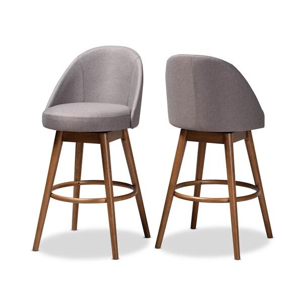 Baxton Studio Carra Grey Upholstered Walnut-Finished Wood Swivel Bar Stool, PK2 - 157-9650