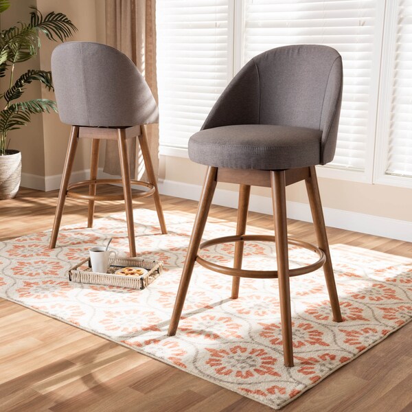 Baxton Studio Carra Grey Upholstered Walnut-Finished Wood Swivel Bar Stool, PK2 - 157-9650