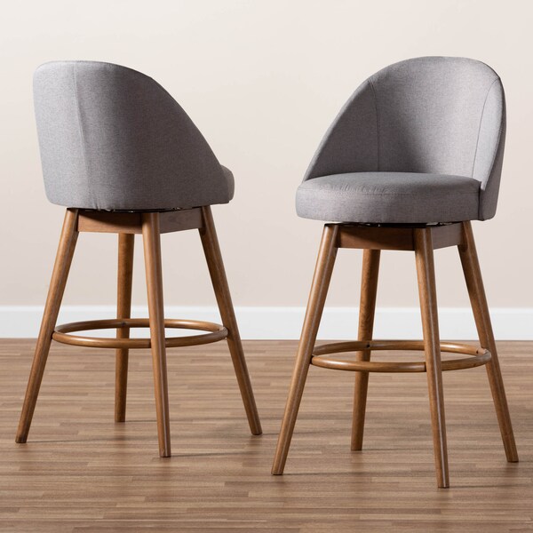 Baxton Studio Carra Grey Upholstered Walnut-Finished Wood Swivel Bar Stool, PK2 - 157-9650