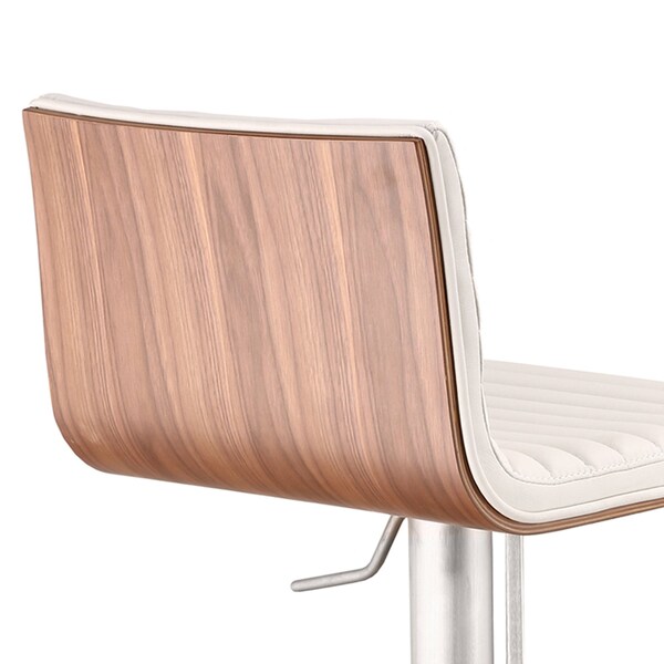 Armen Living Cafe Adjustable Height Swivel White Faux Leather and Walnut Bar Stool with Brushed Stainless Steel - LCCASWBAWHB201