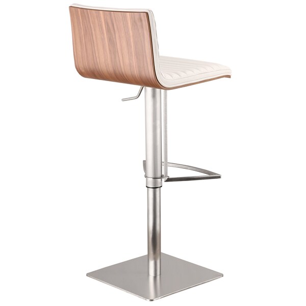 Armen Living Cafe Adjustable Height Swivel White Faux Leather and Walnut Bar Stool with Brushed Stainless Steel - LCCASWBAWHB201