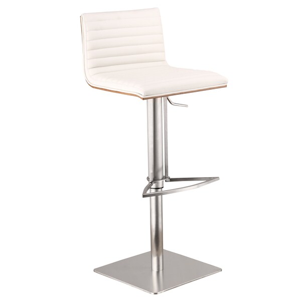Armen Living Cafe Adjustable Height Swivel White Faux Leather and Walnut Bar Stool with Brushed Stainless Steel - LCCASWBAWHB201