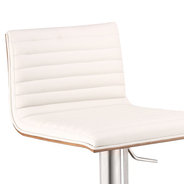 Armen Living Cafe Adjustable Height Swivel White Faux Leather and Walnut Bar Stool with Brushed Stainless Steel - LCCASWBAWHB201