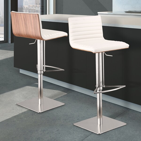 Armen Living Cafe Adjustable Height Swivel White Faux Leather and Walnut Bar Stool with Brushed Stainless Steel - LCCASWBAWHB201