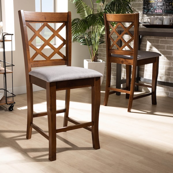 Baxton Studio Aria Grey Upholstered and Walnut Wood 2-Piece Pub Chair Set - 167-9888