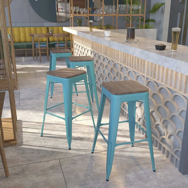 Flash Furniture Teal No Back Metal Stool, 30", PK4 - 4-ET-BT3503-30-CB-WD-GG